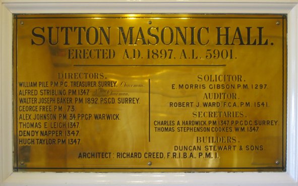 Sutton Masonic Hall - Dedication Plate to the Founders